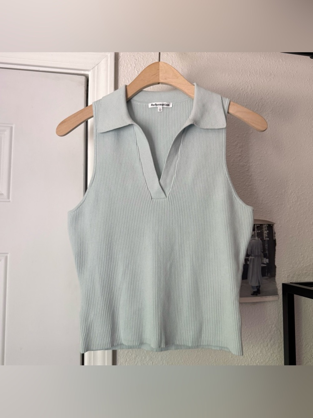 REFORMATION‎ light mint green blue rib ribbed knit polo cropped tank top
